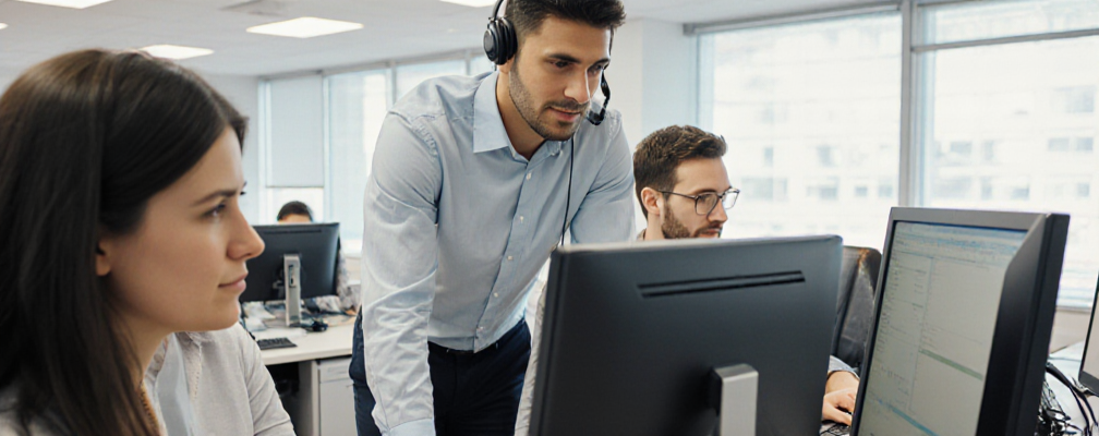 IT team supporting staff at computers in an office